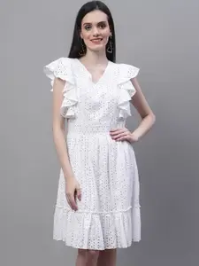 MARC LOUIS Self Design V-Neck Flutter Sleeves Ruffled Schiffili Fit & Flare Dress