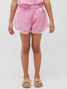 One Friday Girls Floral Printed Mid Rise Shorts With Bow