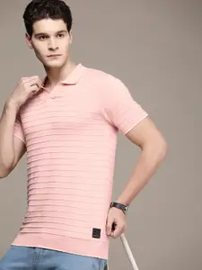 French Connection Self Striped Polo Collar Pure Cotton T-shirt