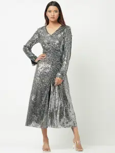ATTIC SALT Sequin Embellished Ruched A-Line Midi Dress