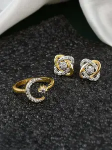 Silvermerc Designs Gold-Plated American Diamond Studded Finger Ring With Earrings