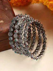 ANIKAS CREATION Set Of 2 Oxidised Silver-Plated Stone-Studded Bangles