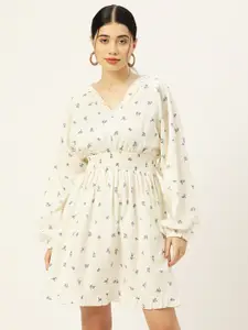 Rue Collection Women Floral Printed Smocked Puff Sleeves Cotton A-Line Dress
