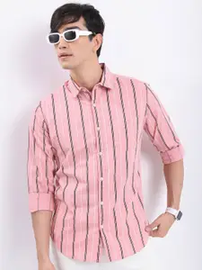 HIGHLANDER Pink & Black Striped Slim Fit Cotton Casual Shirt