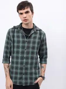 HIGHLANDER Green & Black Tartan Checks Slim Fit Cotton Casual Shirt