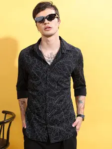 HIGHLANDER Black Floral Printed Slim Fit Cotton Casual Shirt