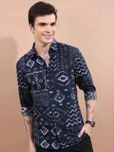 HIGHLANDER Navy Blue Ethnic Motifs Printed Slim Fit Cotton Casual Shirt