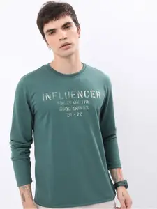 HIGHLANDER Green Cream Typography Printed Relaxed Fit T-shirt