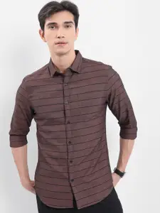 HIGHLANDER Rust & Black Horizontal Stripes Slim Fit Casual Shirt