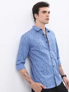 HIGHLANDER Blue Abstract Printed Slim Fit Cotton Casual Shirt