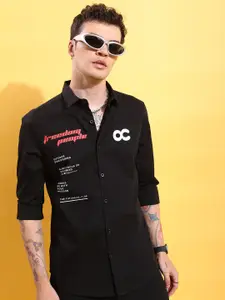 HIGHLANDER Black Typography Printed Slim Fit Cotton Casual Shirt