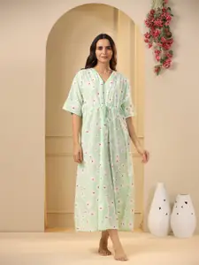 SANSKRUTIHOMES Lime Green Floral Printed Pure Cotton Maxi Nightdress
