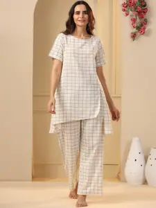 SANSKRUTIHOMES Off White Checked Pure Cotton Night Suit