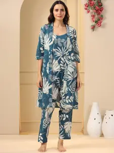 SANSKRUTIHOMES Teal 3 Pieces Floral Printed Pure Cotton Night Suit