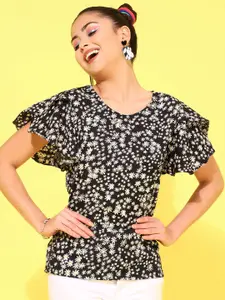 Oomph! Oomph Floral Print Flutter Sleeve Crepe Top