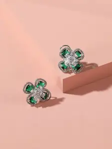 XPNSV Rhodium-Plated Floral Emerald and American Diamond Stud Earrings