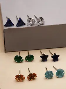 ZENEME Set Of 6 Rhodium-Plated Oxidised Geometric Studs Earrings
