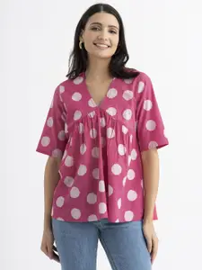 Pink Fort Polka Dot Printed V-Neck Cotton A-Line Top