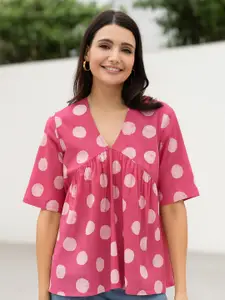 Pink Fort Cotton Dabu Handblock Polka Printed Top - Pink