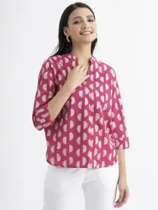 Pink Fort Geometric Printed Mandarin Collar Pure Cotton Top