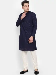 V-Mart Mandarin Collar Geometric Self Design Sequinned Pure Cotton Kurta with Pyjamas