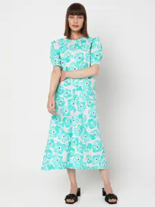 Vero Moda Floral Printed Puff Sleeve Midi Cotton A-Line Dress