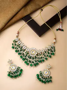 Yellow Chimes Gold-Plated Kundan Studded & Pearl Beaded Necklace and Earrings