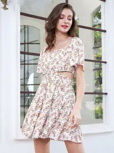 Berrylush Floral Print Flutter Sleeve Crepe Fit & Flare Dress
