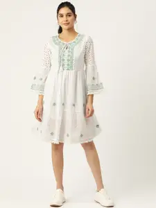 MISRI Embroidered Tie-Up Neck Bell Sleeves A-Line Dress