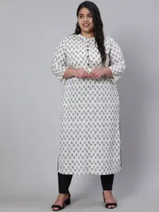 Jaipur Kurti Plus Size White & Grey Ethnic Motif Printed Mandarin Collar Pure Cotton Kurta