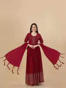 PMD Fashion Ethnic Motifs Printed Pleated Puff Sleeves Top With Skirt & Dupatta