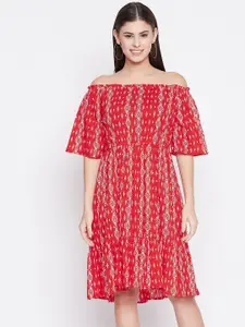 Ruhaans Geometric Printed Off-Shoulder Flared Sleeve A-Line Dress
