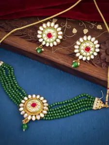 Sukkhi Glamorous Gold-Plated Kundan & Beads Choker Necklace Set