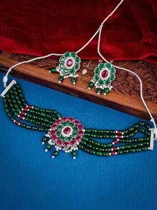 Sukkhi Silver-Plated Stone Studded & Beaded Necklace and Earrings
