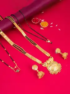 Sukkhi Set Of 4 Gold-Plated Stone-Studded & Beaded Mangalsutra With Earrings