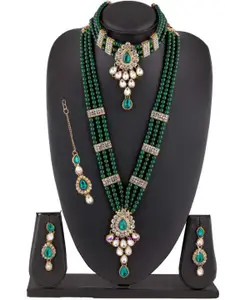 Sukkhi Gold-Plated Stone-Studded & Beaded Necklace & Earrings With Maang Tikka