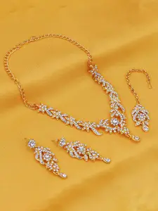 Sukkhi Gold-Plated AD-Studded Necklace & Earrings With Maang Tika
