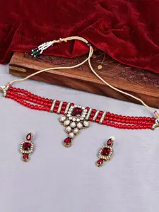 Sukkhi Gold-Plated Stone-Studded & Beaded Necklace & Earrings