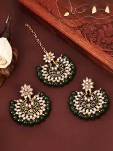 Sukkhi Gold-Plated Kundan-Studded & Beaded Meenakari Earrings And Maang Tikka Set
