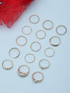 DIVA WALK Set Of 15 Rose Gold-Plated CZ Studded Finger Rings