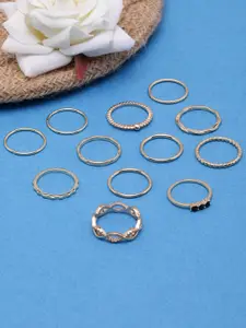 DIVA WALK Set Of 12 Rose Gold-Plated White CZ-Studded Finger Rings