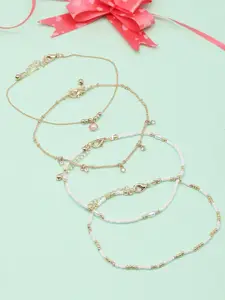 DressBerry White Set Of 4 Gold-Plated Beaded Anklets