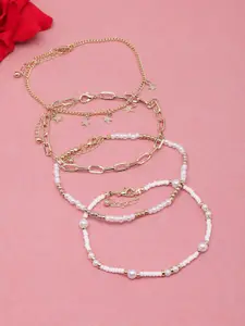 DressBerry White Set Of 4 Gold-Plated & Beaded Anklets