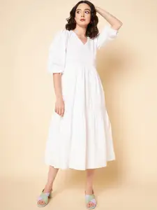 High Star Puff Sleeves Tiered Pure Cotton Fit & Flare Midi Dress