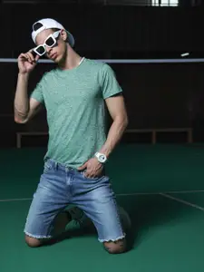 The Indian Garage Co Men Solid Distressed Slim Fit Denim Shorts