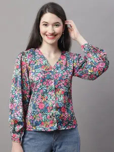 JAINISH Floral Printed V-Neck Cuffed Sleeves Satin Shirt Style Top