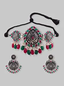 Samridhi DC Silver-Plated Stone Studded & Beaded Necklace & Earring Set