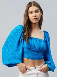 DELAN Checked Puff Sleeves Gathered Crop Top