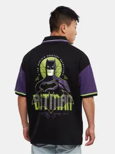 The Souled Store Black Batman Printed Polo Collar Pure Cotton Oversized T-shirt
