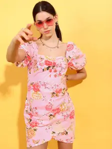 Tokyo Talkies Pink Floral Printed Puff Sleeves Ruched Cotton Sheath Dress